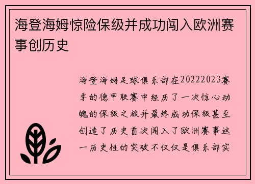 海登海姆惊险保级并成功闯入欧洲赛事创历史